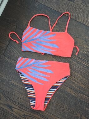 Maaji  Coral Pink Two-Piece Swim Set with Blue Palm Print